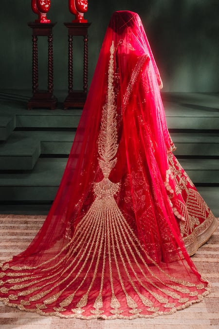 Shop_Masaba_Red , Organza, Hemp, Tulle The Aalu Bukhara Bridal Lehenga And Veil Set _at_Aza_Fashions