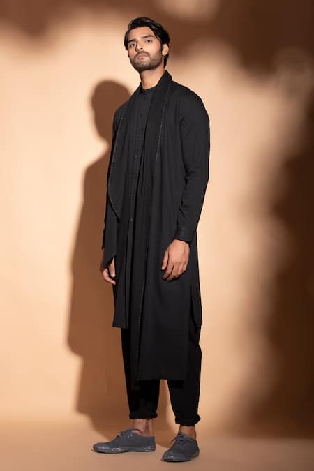 Studio Error_Black Cotton Embroidery Draped Neckline Kurta _Online_at_Aza_Fashions
