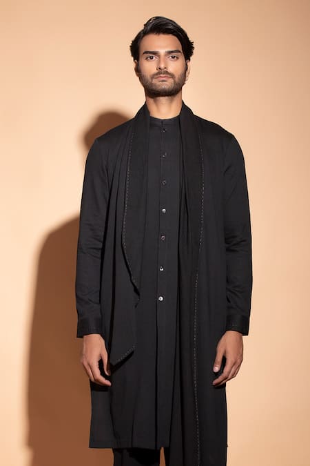Buy_Studio Error_Black Cotton Embroidery Draped Neckline Kurta _Online_at_Aza_Fashions