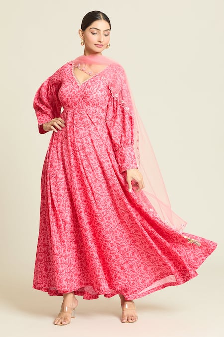 Buy_Naintara Bajaj_Pink Cotton, Net Embroidery V-neck Floral Vine Print Anarkali Pant Set 