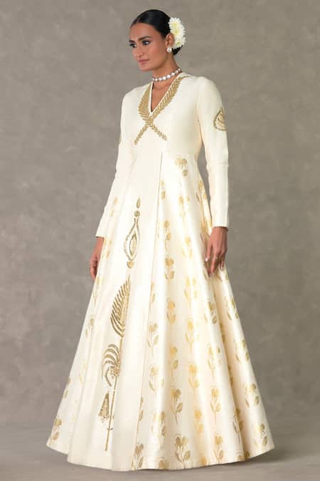 Masaba_Ivory Silk Embroidery V-neck All In Bloom Embellished Gown _at_Aza_Fashions