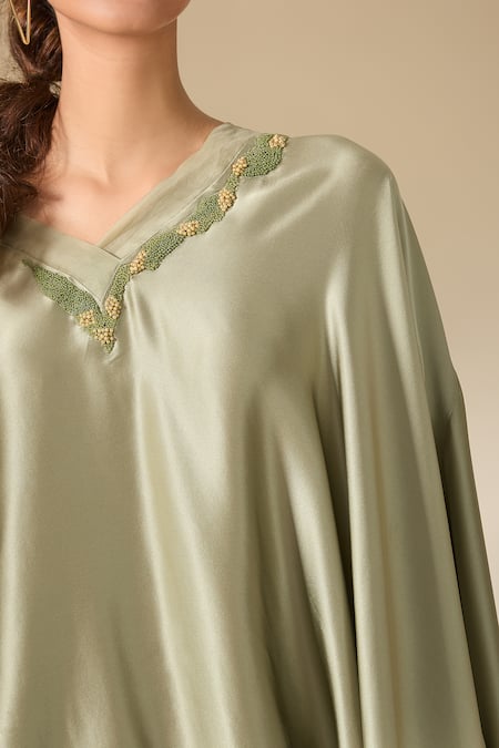 Buy_Anamika Khanna_Green Silk Beads V-neck Kaftan Tunic And Draped Lungi Skirt Set _Online_at_Aza_Fashions
