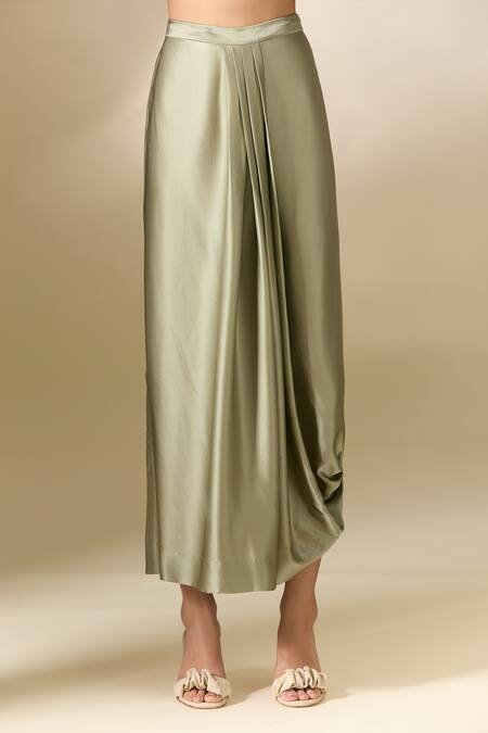 Shop_Anamika Khanna_Green Silk Beads V-neck Kaftan Tunic And Draped Lungi Skirt Set _Online_at_Aza_Fashions