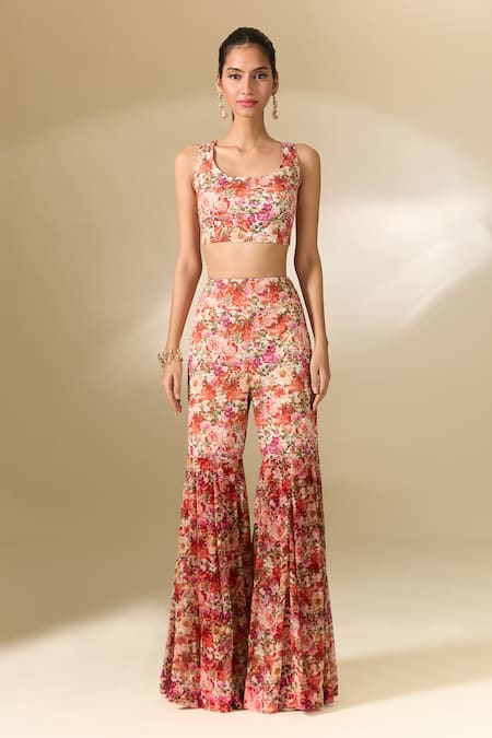 Anamika Khanna_Red Cotton, Chiffon Embroidery Round Neck Floral Print Cape Sharara Set_Online_at_Aza_Fashions