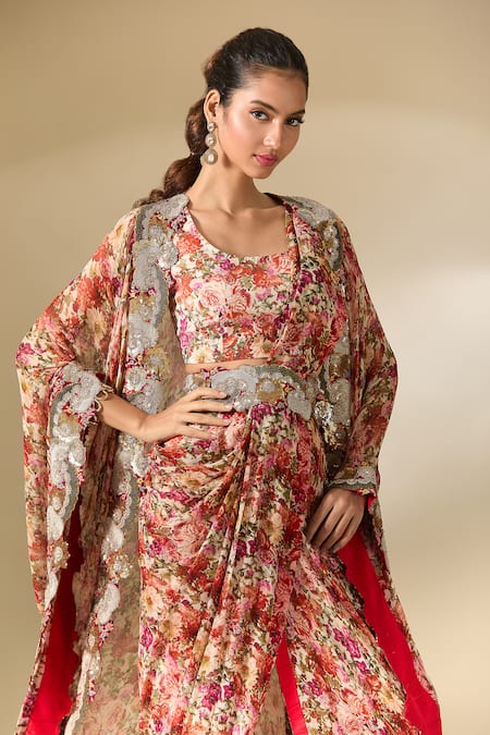 Buy_Anamika Khanna_Red Cotton, Chiffon Embroidery Round Neck Floral Print Cape Sharara Set_Online_at_Aza_Fashions