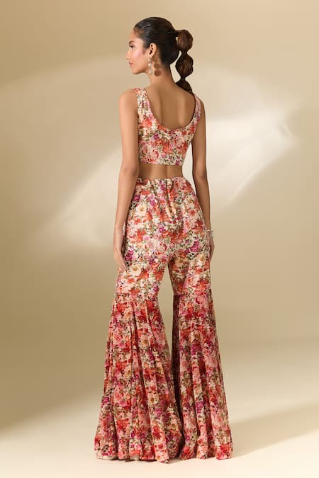 Anamika Khanna_Red Cotton, Chiffon Embroidery Round Neck Floral Print Cape Sharara Set_at_Aza_Fashions