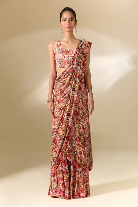 Buy_Anamika Khanna_Red Cotton, Chiffon Embroidery Round Neck Floral Print Cape Sharara Set