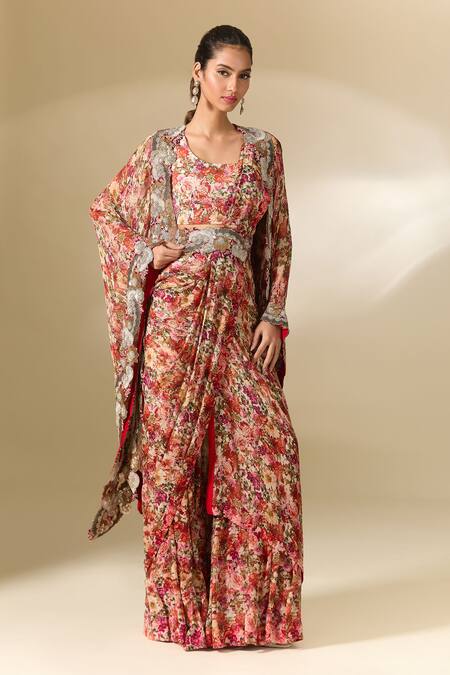 Shop_Anamika Khanna_Red Cotton, Chiffon Embroidery Round Neck Floral Print Cape Sharara Set