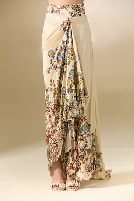 Anamika Khanna_Multi Color Cotton, Georgette Embroidery, Beads Scoop Cape And Draped Skirt Set_Online_at_Aza_Fashions