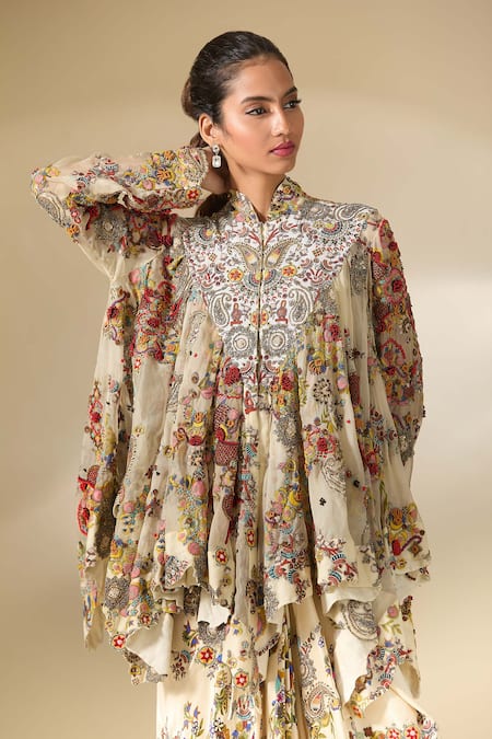 Buy_Anamika Khanna_Multi Color Cotton, Georgette Embroidery, Beads Scoop Cape And Draped Skirt Set_Online_at_Aza_Fashions