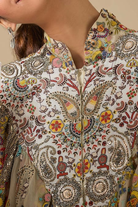 Anamika Khanna_Multi Color Cotton, Georgette Embroidery, Beads Scoop Cape And Draped Skirt Set_at_Aza_Fashions