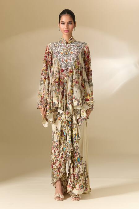 Buy_Anamika Khanna_Multi Color Cotton, Georgette Embroidery, Beads Scoop Cape And Draped Skirt Set