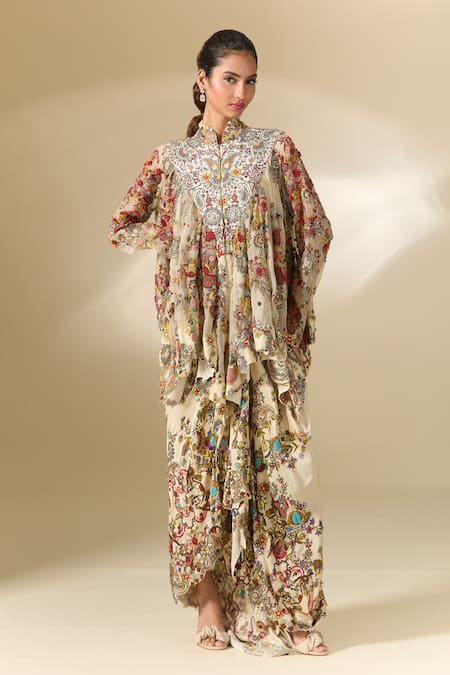 Shop_Anamika Khanna_Multi Color Cotton, Georgette Embroidery, Beads Scoop Cape And Draped Skirt Set