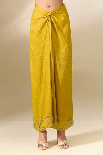 Buy_Anamika Khanna_Yellow Silk Embroidery Round Neck Cape And Draped Skirt Set _Online_at_Aza_Fashions