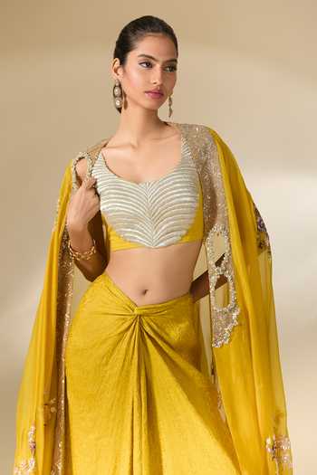 Shop_Anamika Khanna_Yellow Silk Embroidery Round Neck Cape And Draped Skirt Set _Online_at_Aza_Fashions