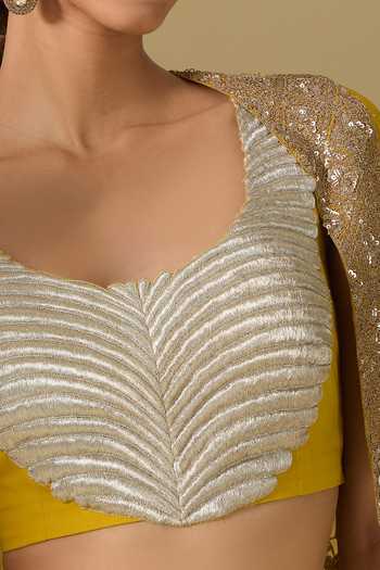 Anamika Khanna_Yellow Silk Embroidery Round Neck Cape And Draped Skirt Set _at_Aza_Fashions