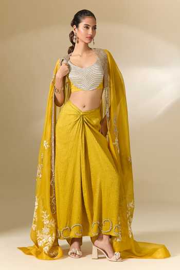 Buy_Anamika Khanna_Yellow Silk Embroidery Round Neck Cape And Draped Skirt Set 