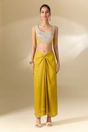 Shop_Anamika Khanna_Yellow Silk Embroidery Round Neck Cape And Draped Skirt Set 