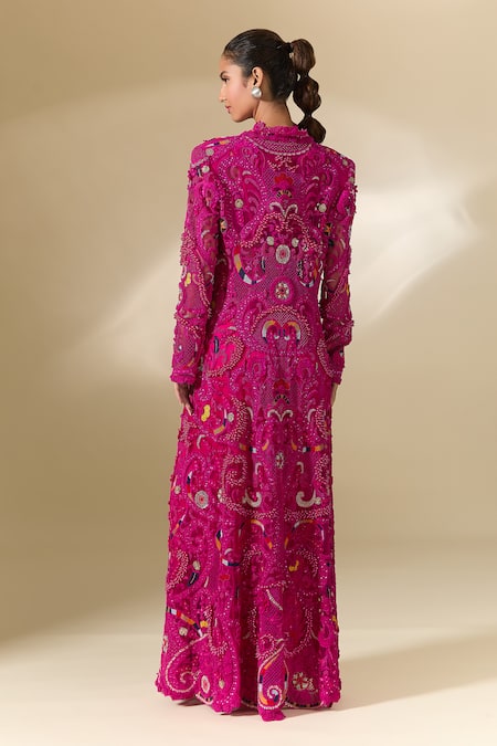 Anamika Khanna Fuchsia Embroidery Round Neck Long Coat Skirt Set Online at Aza Fashions Anamika Khanna_Fuchsia Embroidery Round Neck Long Coat Skirt Set _Online_at_Aza_Fashions