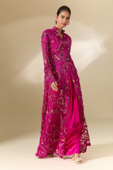 Buy Anamika Khanna Fuchsia Embroidery Round Neck Long Coat Skirt Set Online at Aza Fashions Buy_Anamika Khanna_Fuchsia Embroidery Round Neck Long Coat Skirt Set _Online_at_Aza_Fashions