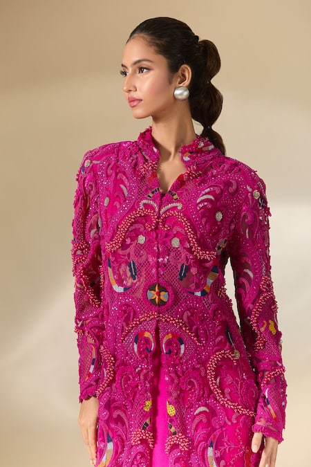 Shop Anamika Khanna Fuchsia Embroidery Round Neck Long Coat Skirt Set Online at Aza Fashions Shop_Anamika Khanna_Fuchsia Embroidery Round Neck Long Coat Skirt Set _Online_at_Aza_Fashions