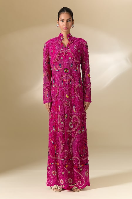 Buy Anamika Khanna Fuchsia Embroidery Round Neck Long Coat Skirt Set Buy_Anamika Khanna_Fuchsia Embroidery Round Neck Long Coat Skirt Set