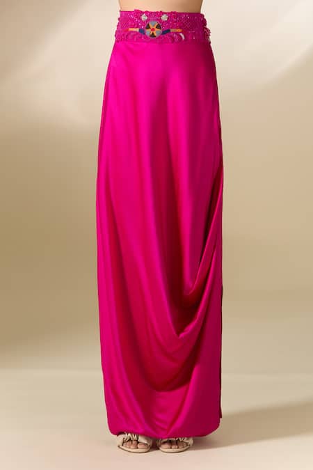 Shop Anamika Khanna Fuchsia Embroidery Round Neck Long Coat Skirt Set Shop_Anamika Khanna_Fuchsia Embroidery Round Neck Long Coat Skirt Set