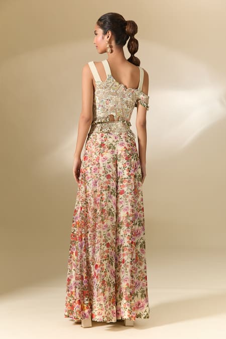 Anamika Khanna Ivory Georgette Embroidery, Sequins Round Neck Floral Print Sharara And Blouse Set Online at Aza Fashions Anamika Khanna_Ivory Georgette Embroidery, Sequins Round Neck Floral Print Sharara And Blouse Set _Online_at_Aza_Fashions