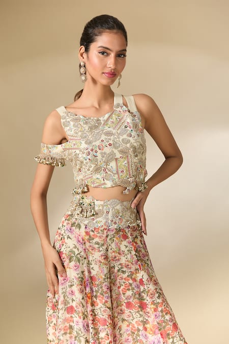 Buy Anamika Khanna Ivory Georgette Embroidery, Sequins Round Neck Floral Print Sharara And Blouse Set Online at Aza Fashions Buy_Anamika Khanna_Ivory Georgette Embroidery, Sequins Round Neck Floral Print Sharara And Blouse Set _Online_at_Aza_Fashions