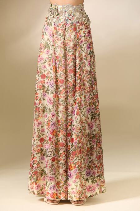 Anamika Khanna Ivory Georgette Embroidery, Sequins Round Neck Floral Print Sharara And Blouse Set at Aza Fashions Anamika Khanna_Ivory Georgette Embroidery, Sequins Round Neck Floral Print Sharara And Blouse Set _at_Aza_Fashions