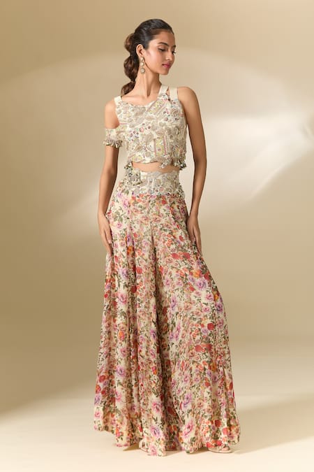 Buy Anamika Khanna Ivory Georgette Embroidery, Sequins Round Neck Floral Print Sharara And Blouse Set Buy_Anamika Khanna_Ivory Georgette Embroidery, Sequins Round Neck Floral Print Sharara And Blouse Set