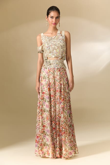 Shop Anamika Khanna Ivory Georgette Embroidery, Sequins Round Neck Floral Print Sharara And Blouse Set Shop_Anamika Khanna_Ivory Georgette Embroidery, Sequins Round Neck Floral Print Sharara And Blouse Set