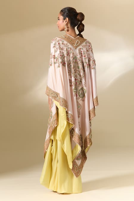 Shop Anamika Khanna Yellow Silk Sequins, Embroidery Round Neck Cape And Draped Skirt Set at Aza Fashions Shop_Anamika Khanna_Yellow Silk Sequins, Embroidery Round Neck Cape And Draped Skirt Set_at_Aza_Fashions