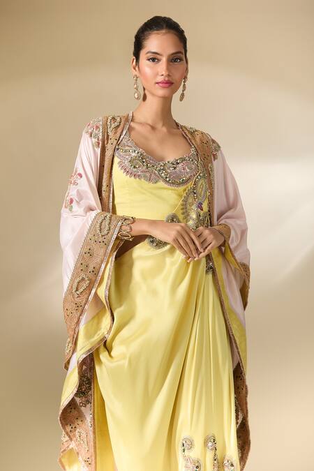 Buy Anamika Khanna Yellow Silk Sequins, Embroidery Round Neck Cape And Draped Skirt Set Online at Aza Fashions Buy_Anamika Khanna_Yellow Silk Sequins, Embroidery Round Neck Cape And Draped Skirt Set_Online_at_Aza_Fashions