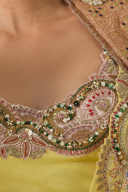 Anamika Khanna Yellow Silk Sequins, Embroidery Round Neck Cape And Draped Skirt Set at Aza Fashions Anamika Khanna_Yellow Silk Sequins, Embroidery Round Neck Cape And Draped Skirt Set_at_Aza_Fashions