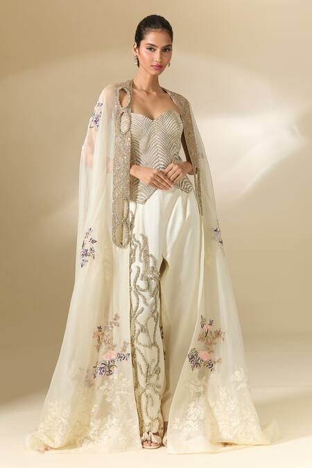 Buy_Anamika Khanna_Off White Top Sweetheart Embroidered Cape And Pant Set