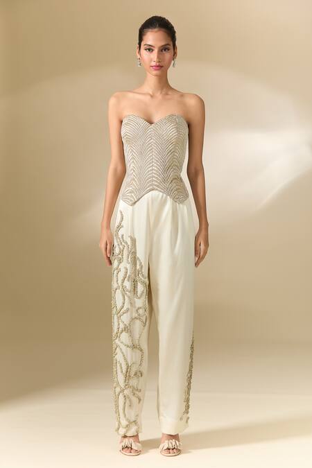 Shop_Anamika Khanna_Off White Top Sweetheart Embroidered Cape And Pant Set