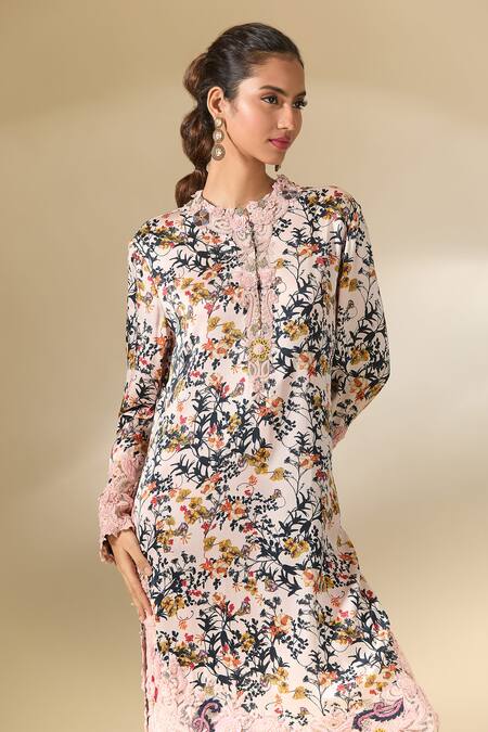 Anamika Khanna Pink Cotton Embroidery Collared Floral Print Tunic And Pant Co-ord Set Online at Aza Fashions Anamika Khanna_Pink Cotton Embroidery Collared Floral Print Tunic And Pant Co-ord Set_Online_at_Aza_Fashions