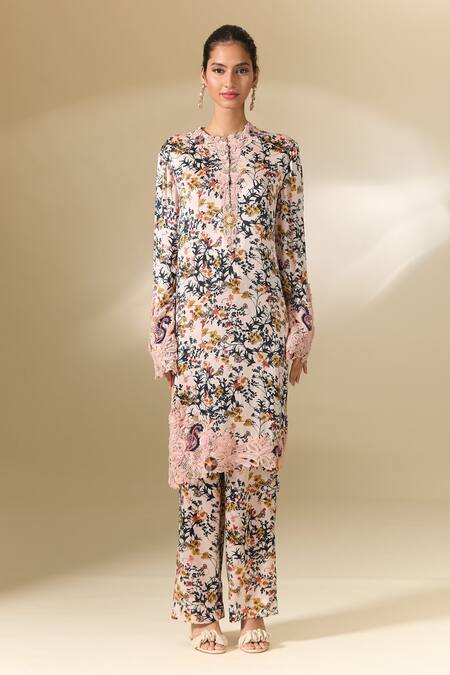 Anamika Khanna Pink Cotton Embroidery Collared Floral Print Tunic And Pant Co-ord Set at Aza Fashions Anamika Khanna_Pink Cotton Embroidery Collared Floral Print Tunic And Pant Co-ord Set_at_Aza_Fashions