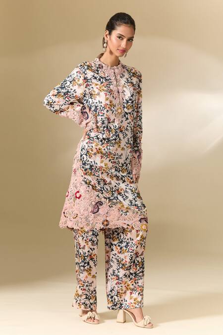 Buy Anamika Khanna Pink Cotton Embroidery Collared Floral Print Tunic And Pant Co-ord Set Buy_Anamika Khanna_Pink Cotton Embroidery Collared Floral Print Tunic And Pant Co-ord Set