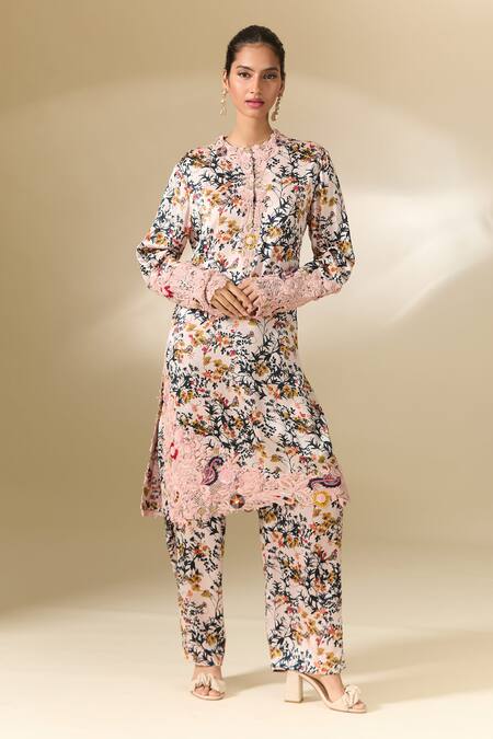 Shop Anamika Khanna Pink Cotton Embroidery Collared Floral Print Tunic And Pant Co-ord Set Shop_Anamika Khanna_Pink Cotton Embroidery Collared Floral Print Tunic And Pant Co-ord Set