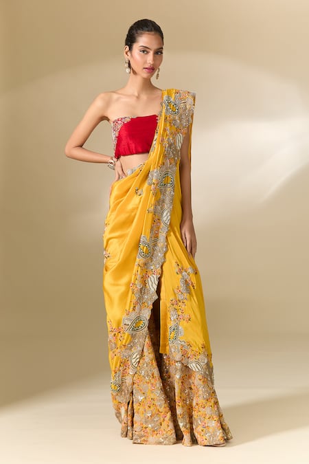 Anamika Khanna Kesar Draped Sharara Saree With Unstitched Blouse Piece 