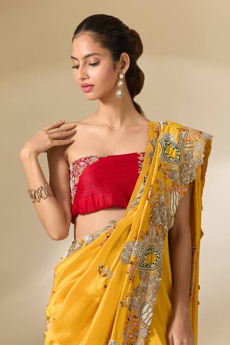 Buy_Anamika Khanna_Yellow Silk Embroidery Kesar Draped Sharara Saree With Unstitched Blouse Piece_Online_at_Aza_Fashions