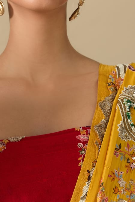 Anamika Khanna_Yellow Silk Embroidery Kesar Draped Sharara Saree With Unstitched Blouse Piece_at_Aza_Fashions