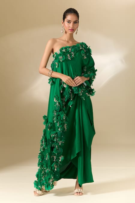 Anamika Khanna One Shoulder Embroidered Cape & Draped Skirt Set 