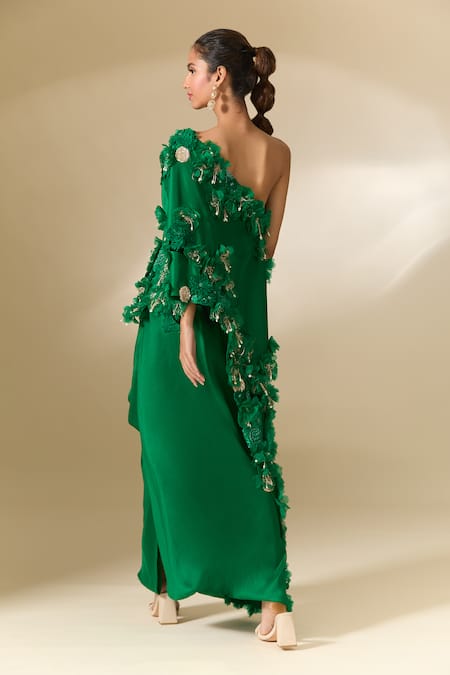 Shop Anamika Khanna Emerald Green One Shoulder Embroidered Cape And Draped Skirt Set at Aza Fashions Shop_Anamika Khanna_Emerald Green One Shoulder Embroidered Cape And Draped Skirt Set_at_Aza_Fashions