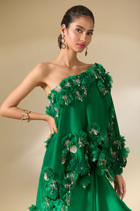 Anamika Khanna Emerald Green One Shoulder Embroidered Cape And Draped Skirt Set Online at Aza Fashions Anamika Khanna_Emerald Green One Shoulder Embroidered Cape And Draped Skirt Set_Online_at_Aza_Fashions