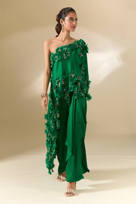 Buy Anamika Khanna Emerald Green One Shoulder Embroidered Cape And Draped Skirt Set Buy_Anamika Khanna_Emerald Green One Shoulder Embroidered Cape And Draped Skirt Set