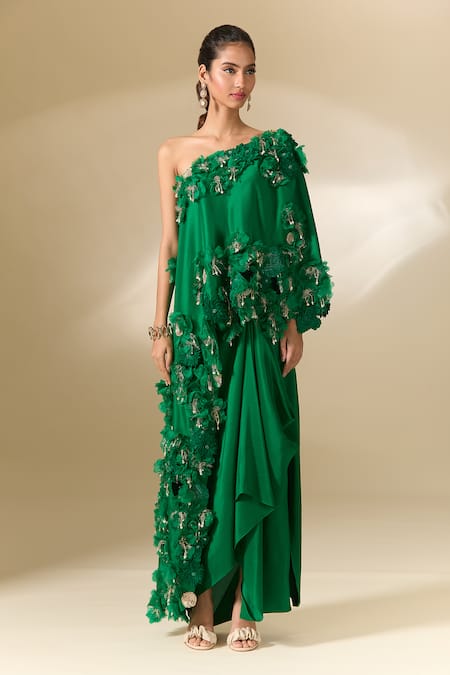 Shop Anamika Khanna Emerald Green One Shoulder Embroidered Cape And Draped Skirt Set Shop_Anamika Khanna_Emerald Green One Shoulder Embroidered Cape And Draped Skirt Set