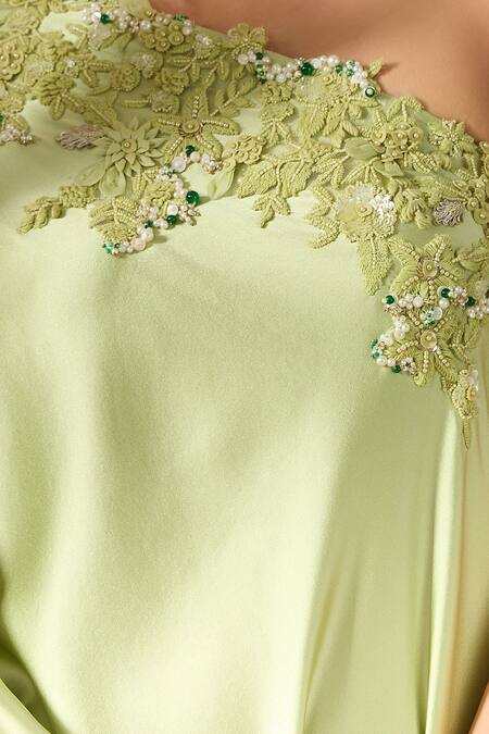 Anamika Khanna_Green Silk Embroidery Asymmetric Placed 3d Cape Tunic And Draped Skirt Set_Online_at_Aza_Fashions
